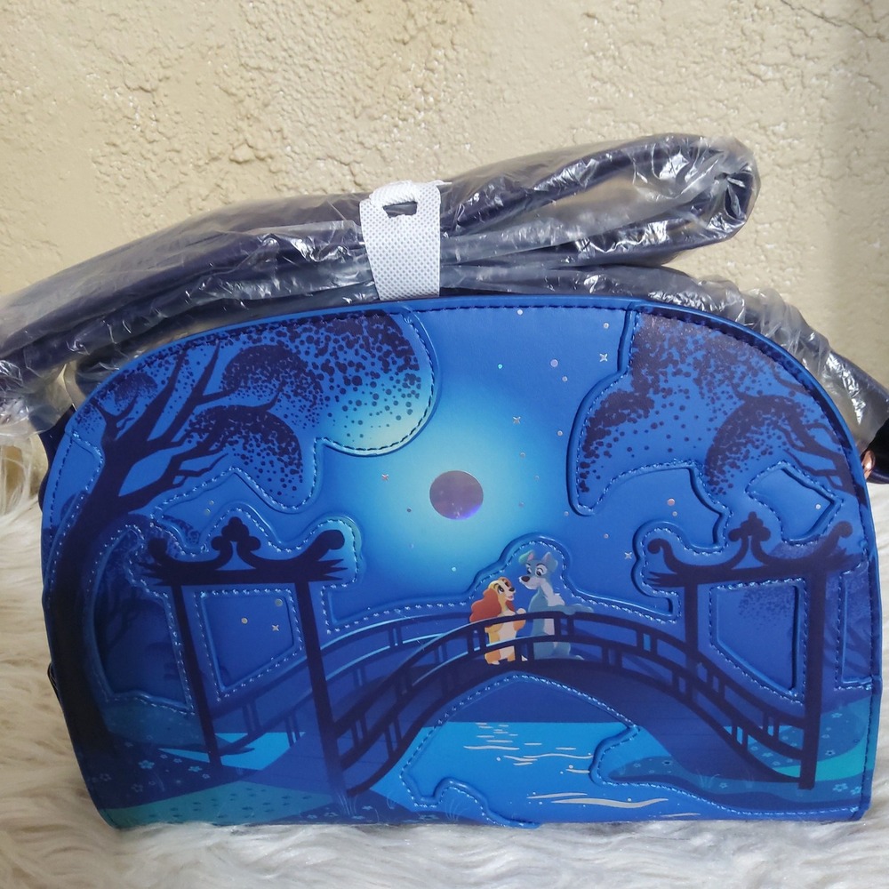 Loungefly Disney Lady and the Tramp Fountain Tote Bag Hot Topic NWT Blue Purple